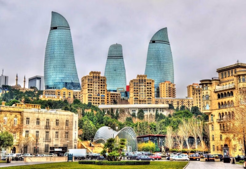 Modern skyscrapers and city architecture in Baku seen on luxury Central Asia vacations.