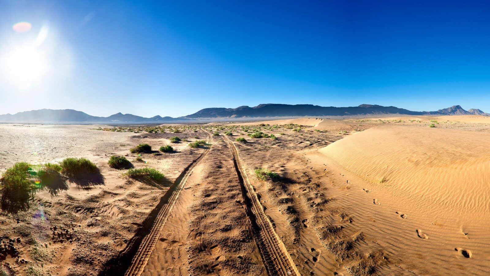 Tire tracks and footprints cross a flat sandy desert toward rugged mountains under a clear sky.