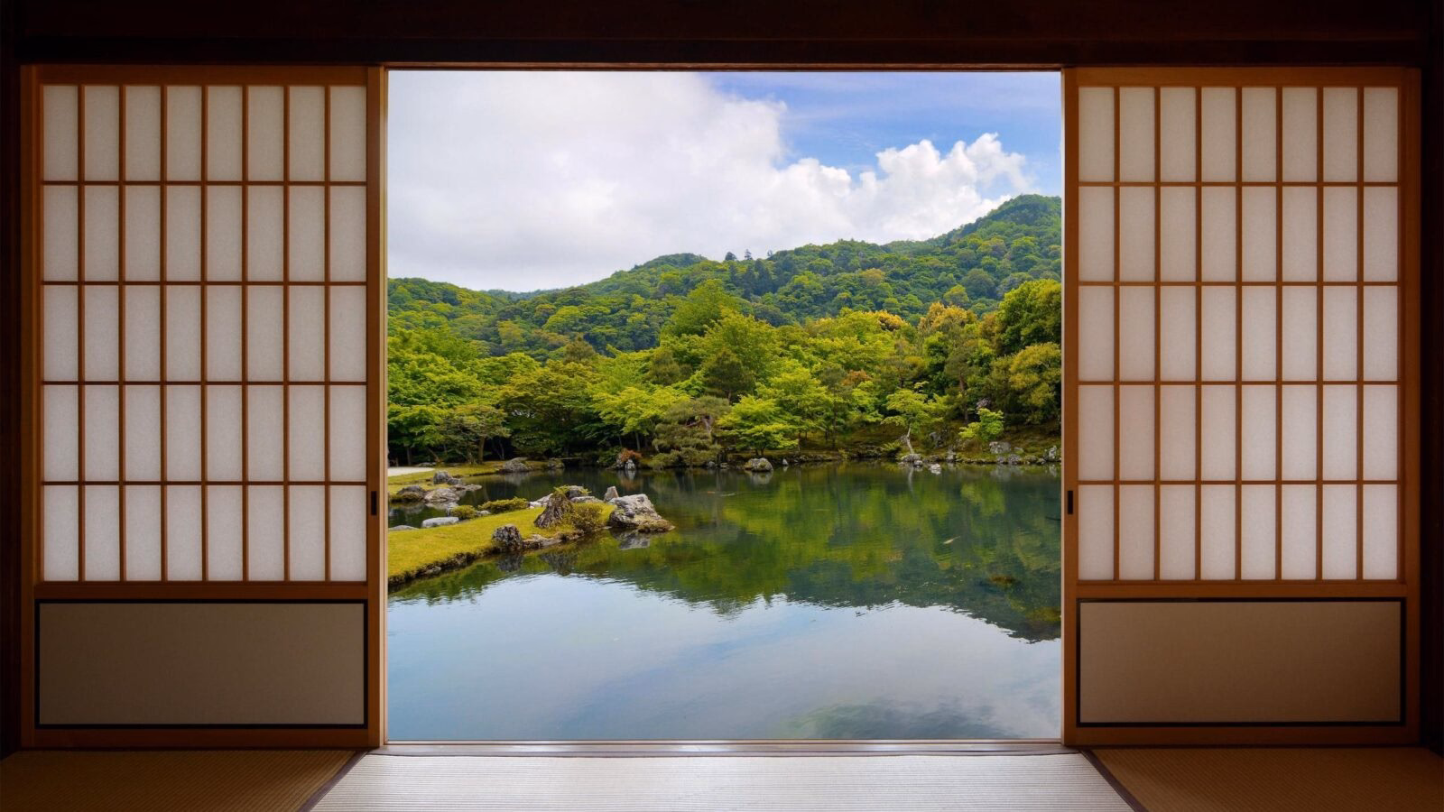 Japanese sliding doors and beautiful pond garden