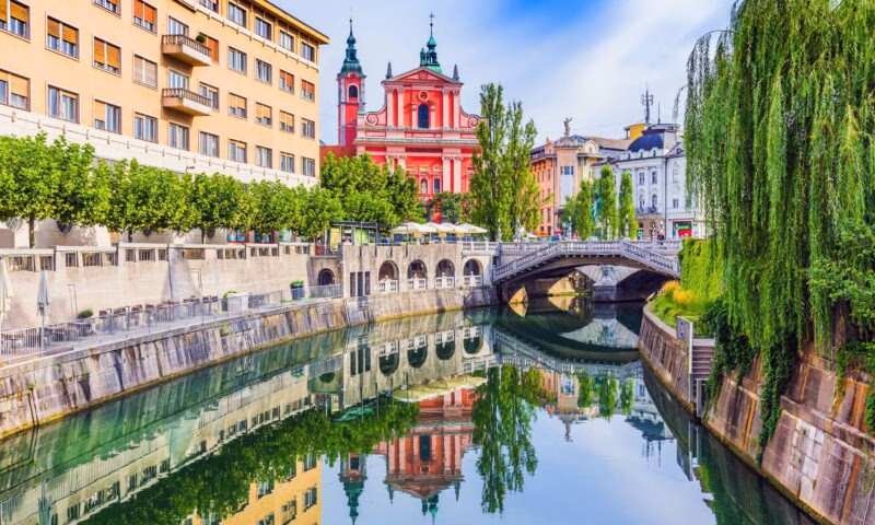 Ljubljana, Slovenia. Cityscape on Ljubljanica river canal in old town.