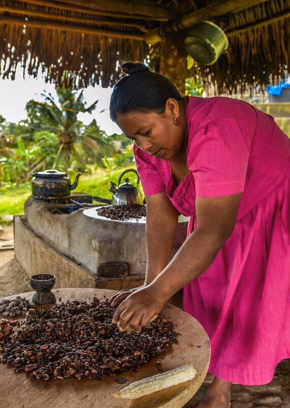 A woman in a bright pink dress stands under a thatched roof, processing roasted cacao beans on a round wooden table. Part of luxury Belize tours.