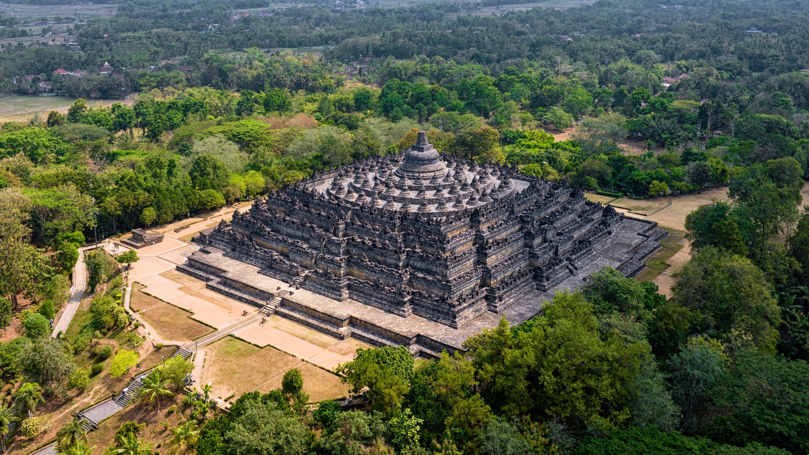 Aerial view of a massive stone Buddhist temple complex centered within a vast green forest landscape.
