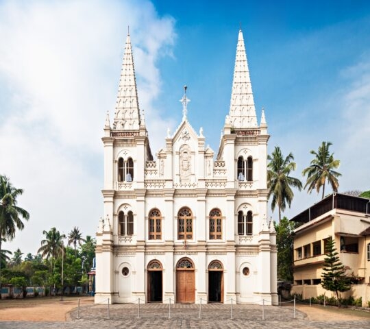 Santa Cruz Basilica, a church built with bright white stone in Cochin, Kerala, India