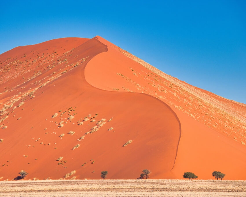 Large red sand dune against brilliant blue sky in Namibia.