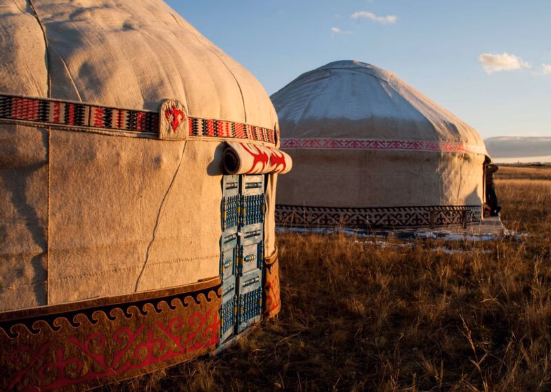 Two felt yurts with ornate patterns in a dry field, a common sight on luxury Mongolia trips.