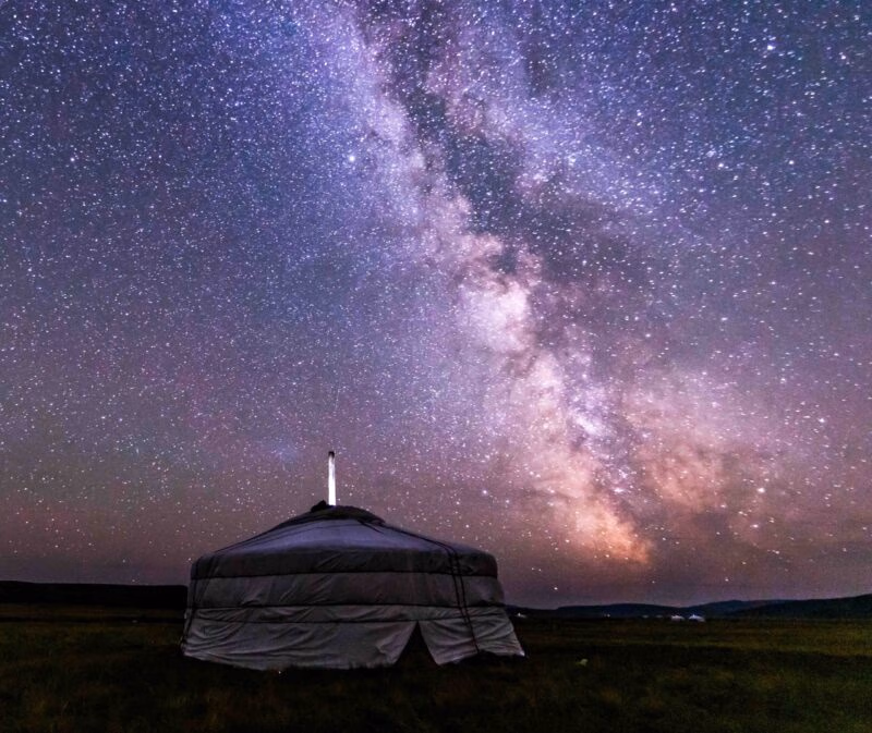 Silhouette of a yurt under the Milky Way galaxy, a night-sky view from luxury Mongolia trips.