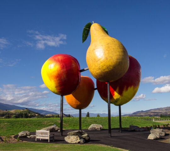 Logo featuring four giant fruit statues in Cromwell town in New Zealand