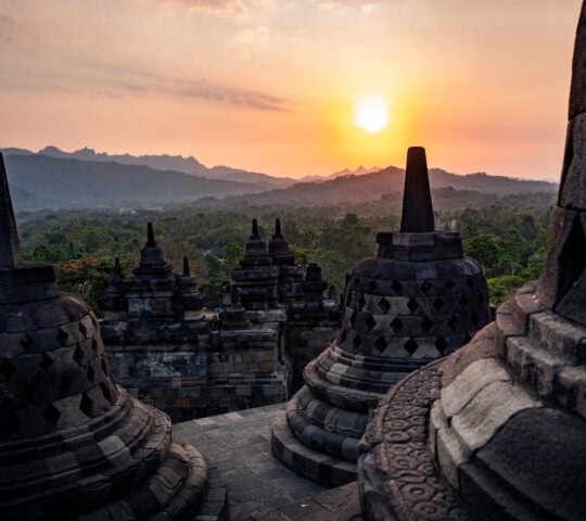 Sunset at Borobudur temple in Indonesia