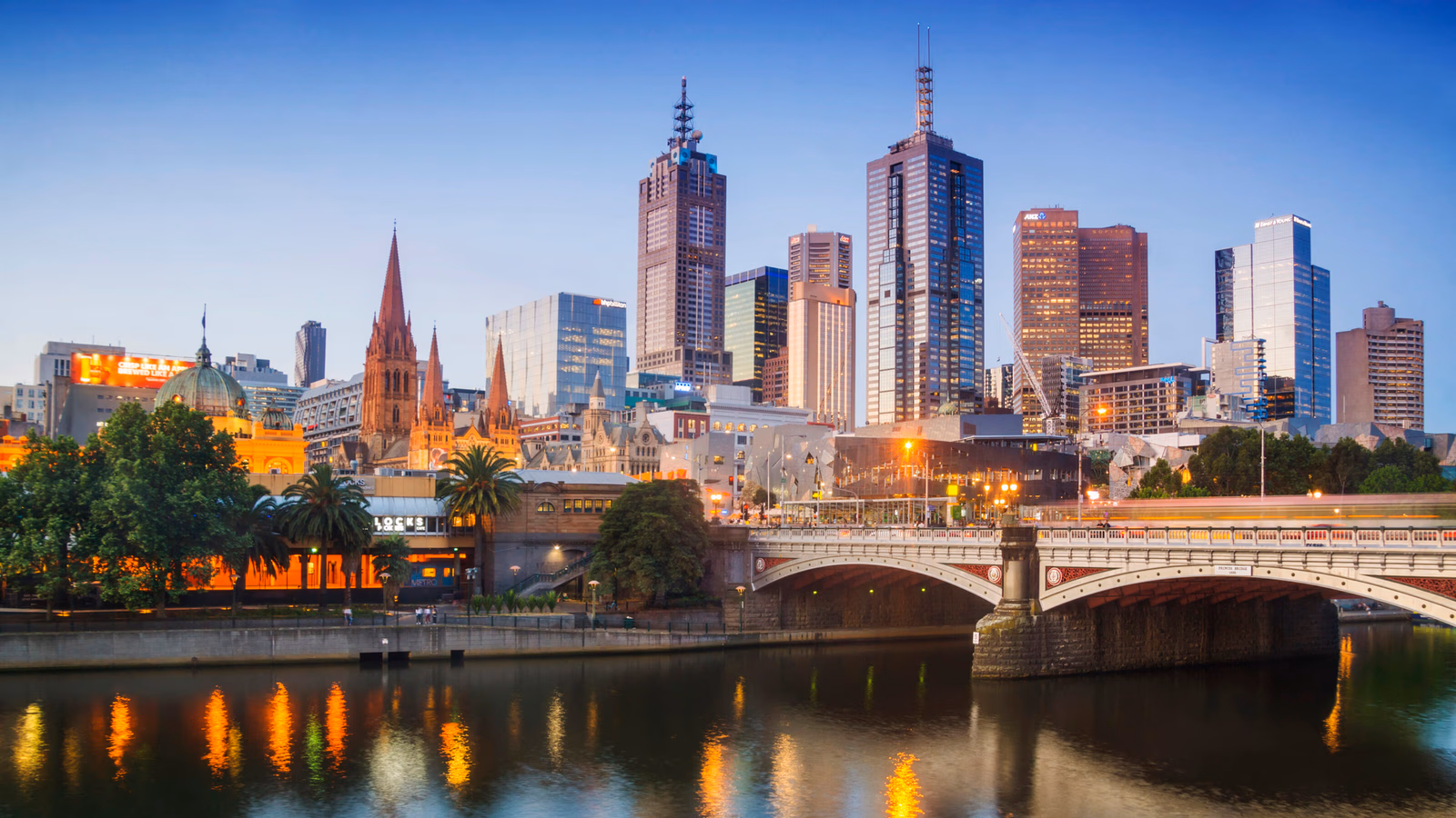 Melbourne's skyline at dusk.
