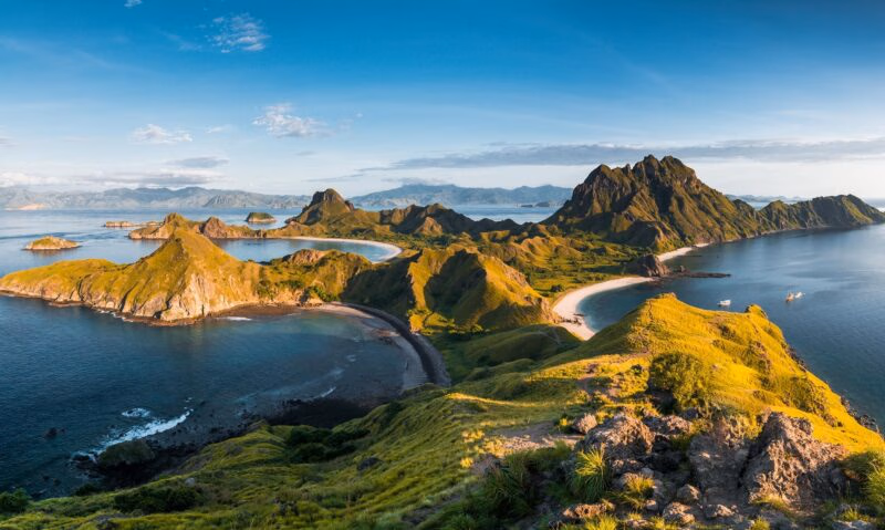 Top view of 'Padar Island', a dramatic spit of mountainous land and arched sandy coves, in a morning from Komodo Island