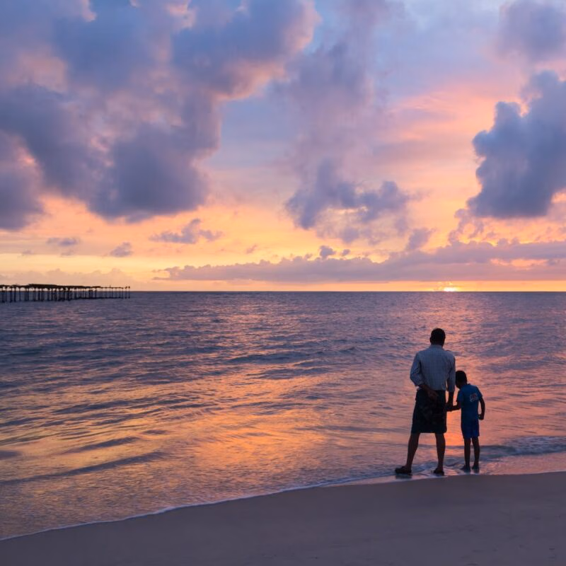 Silhouette of a man and child standing on a beach at sunset under a cloudy purple sky.