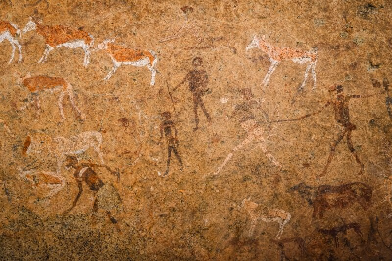 Ancient prehistoric cave painting White Lady of Brandberg dating back at least 2000 years and located at the foot of Brandberg Mountain in Damaraland, Namibia, Africa.