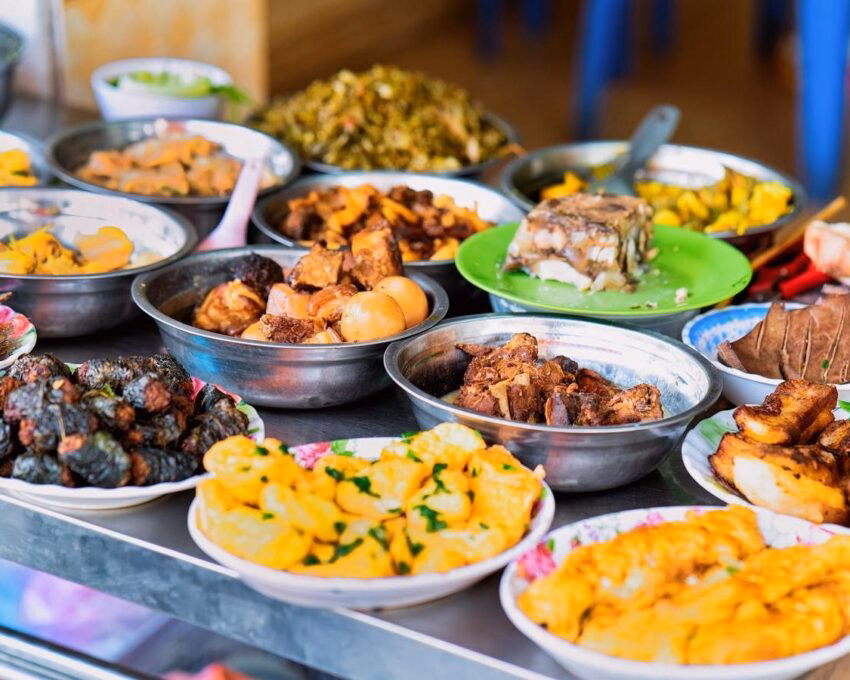 Assortment of Exotic grilled and baked asian food in Hanoi, Vietnam