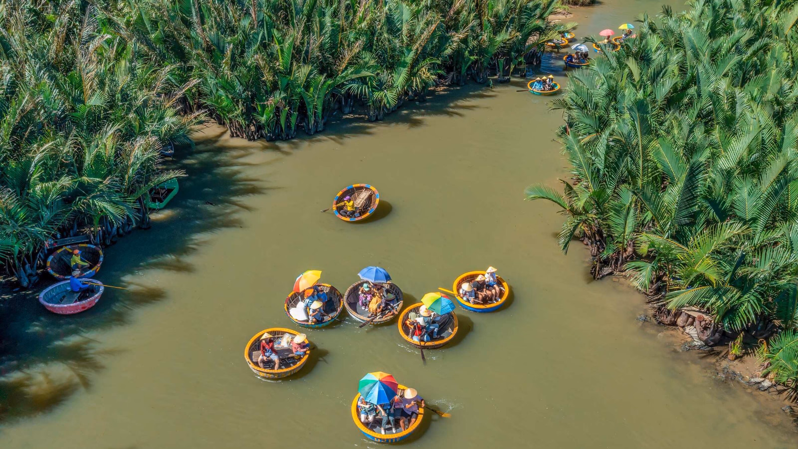 Aerial view of round boats on a river near Hoi An, Vietnam