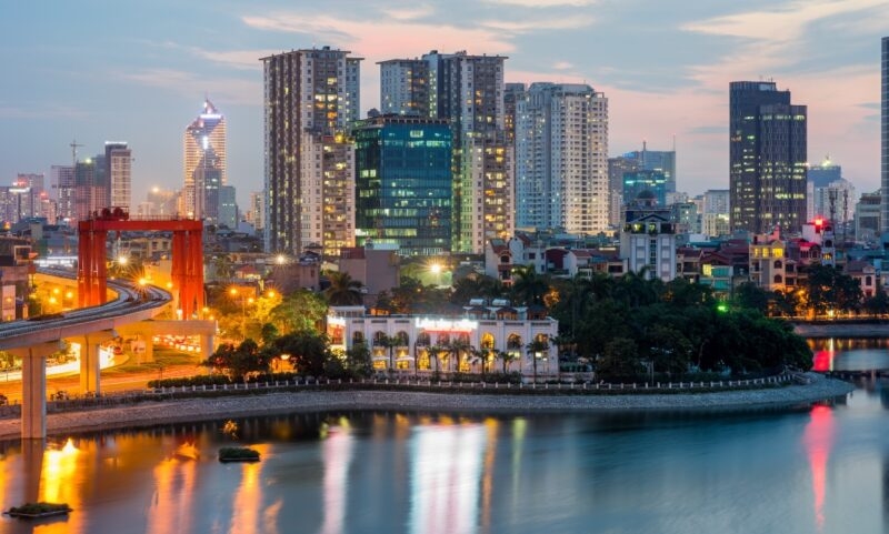 Aerial skyline view of Hanoi. Hanoi cityscape at twilight