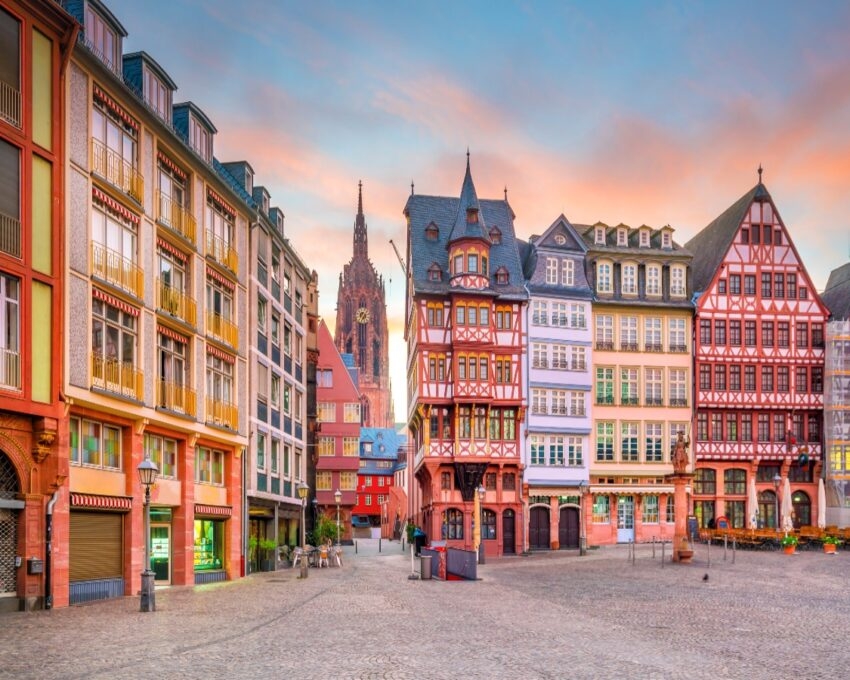 Frankfurt Old town square romerberg at twilight in Germany.