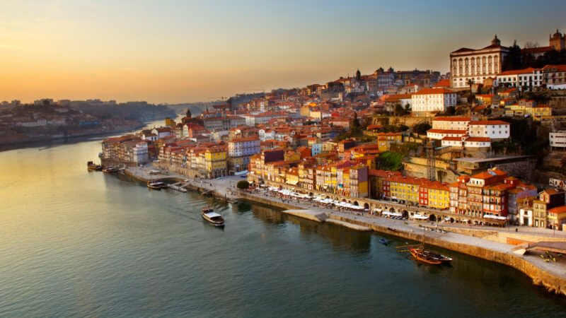 hill with old town of Porto and river Douro at sunset, Portugal