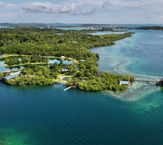 Aerial view of Sweet Bocas private island resort in Panama