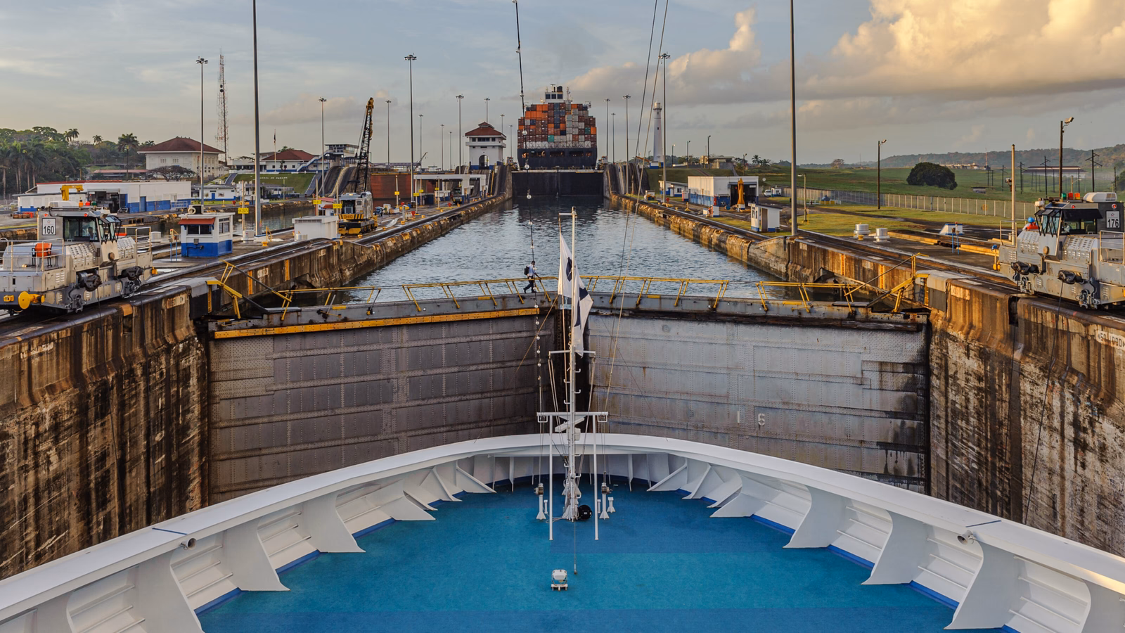 A view from the bow of a ship while transiting the Panama Canal.