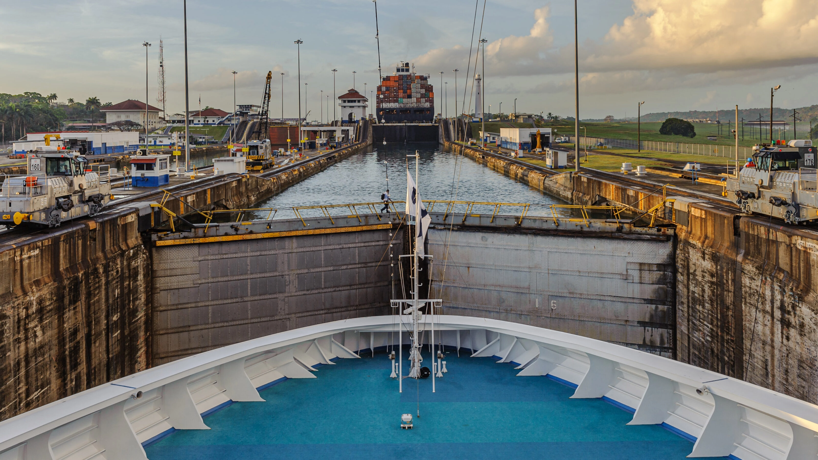 A view from the bow of a ship while transiting the Panama Canal.