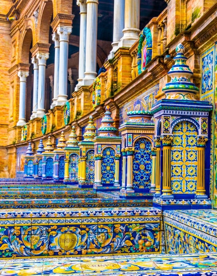 The tiled walls of Plaza de Espana. Seville. Spain.