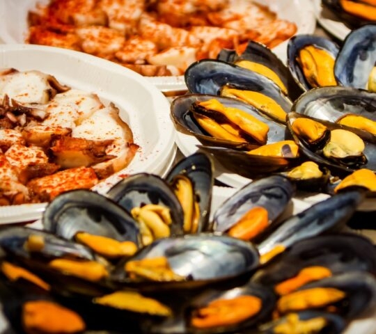 Close up view at fresh seafood on Fish Market in Madrid, Spain
