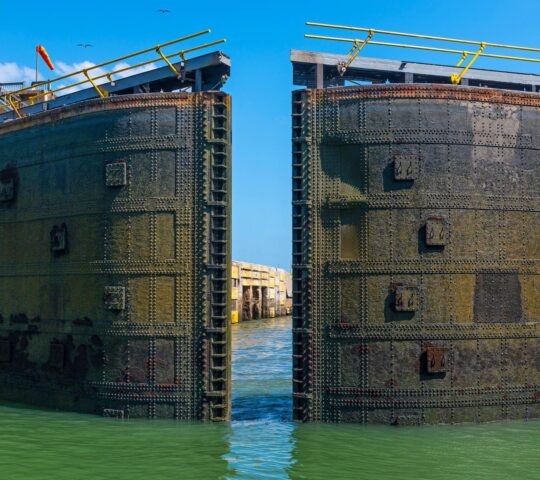 The Panama Canal gate locks of Miraflores opening