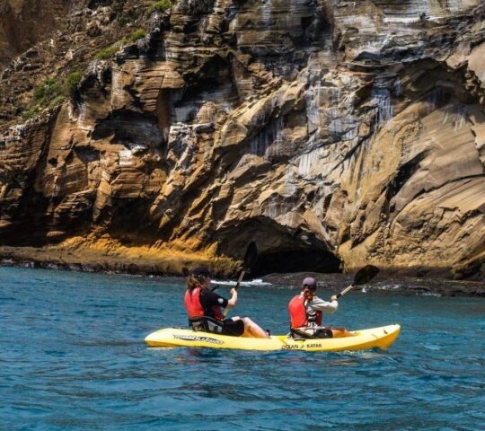 Two people sea kayaking in a yellow kayak in front of a rocky cliff face