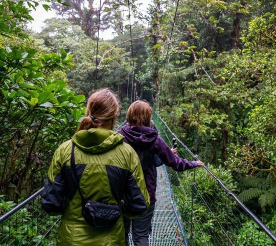 Woman and teenage girl crossing a suspension bridge in the Cloud Forest.
