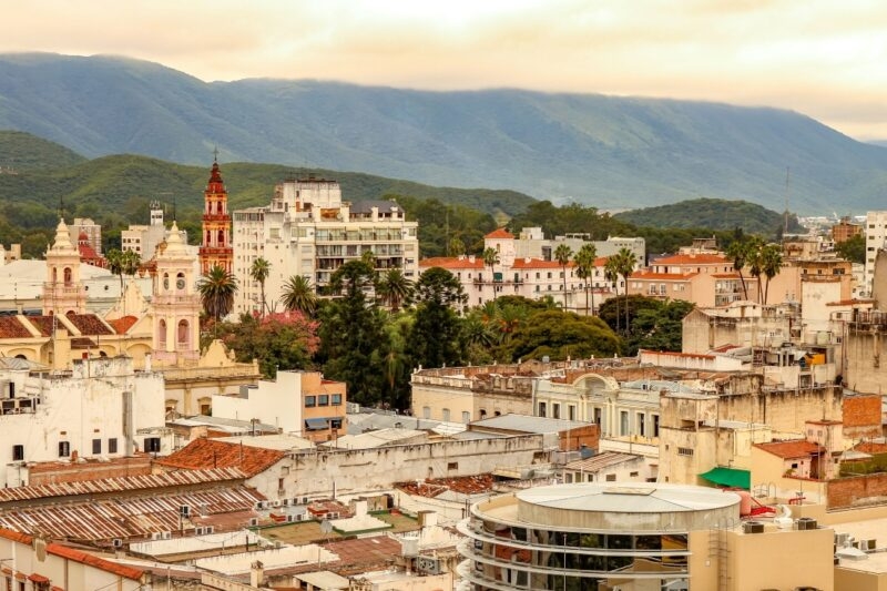 Landscape view of the city of Salta, Argentina on a cloudy day.