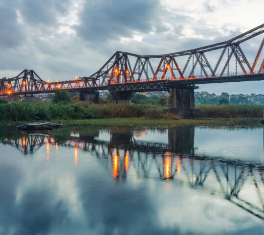 The Long Bien railway bridge crossing the Red River in Hanoi