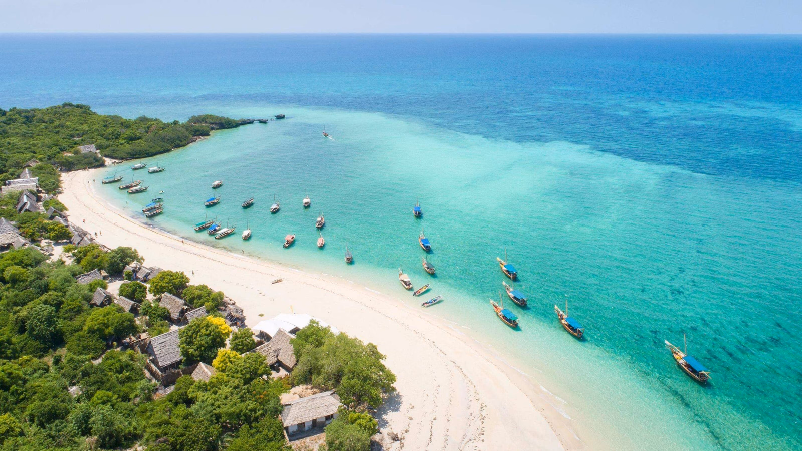 curved coast and beautiful beach with boats on Zanzibar island