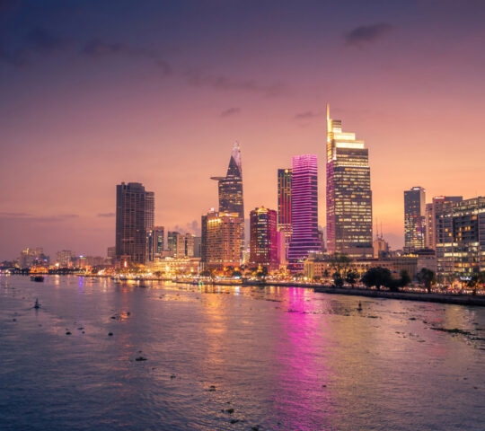 Ho Chi Minh city, Vietnam - 13 Jan 2023: Aerial sunset view of Bitexco Tower,