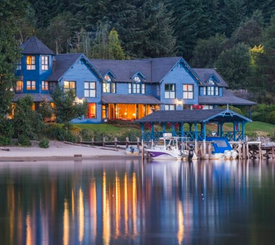 Las Balsas Gourmet Hotel and Spa at night, Villa la Angostura, Neuquen, Patagonia, Argentina