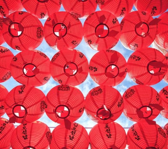 Paper lanterns hang at Seokguram Grotto in Gyeongju, South Korea. The grotto, together with Bulguksa Temple, is a UNESCO World Heritage Site.
