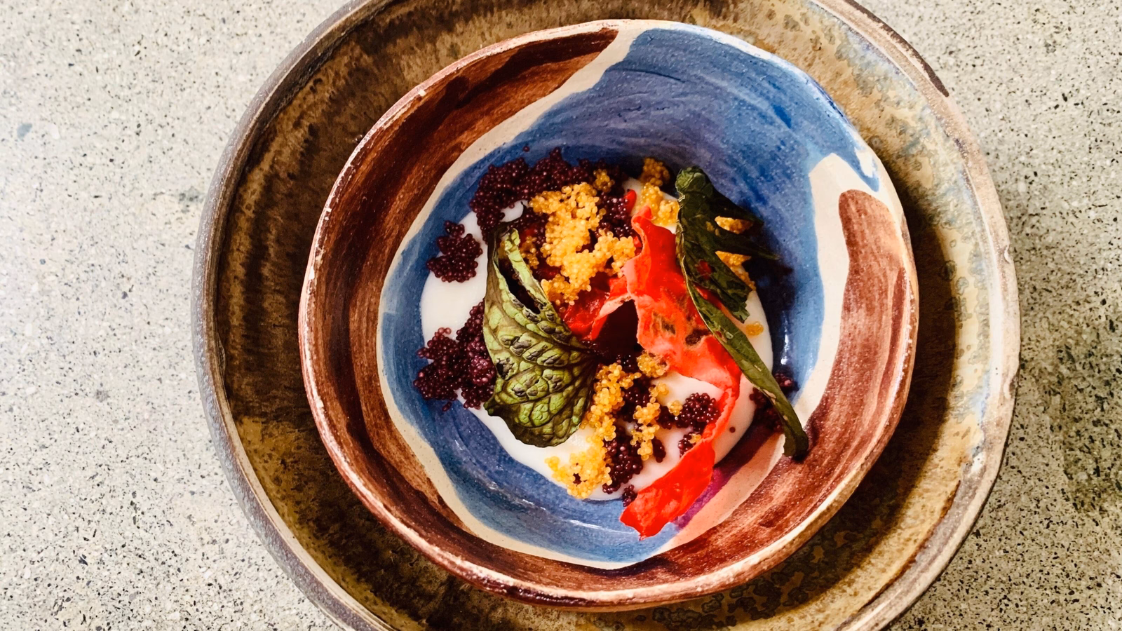 Single dish photo at Central Restaurante at Lima of Peru, name: EXTREME ALTITUDE (Kculli , Kiwichas, Choclo Corn)