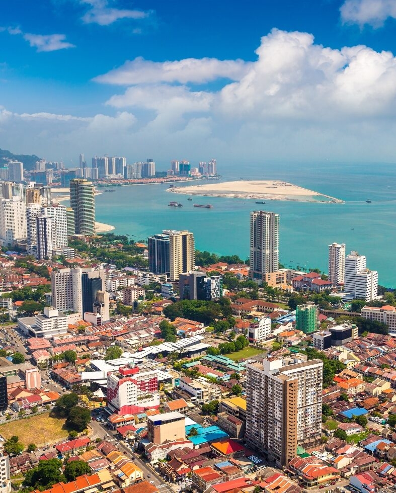 Panoramic aerial view of Georgetown, Penang island, Malaysia
