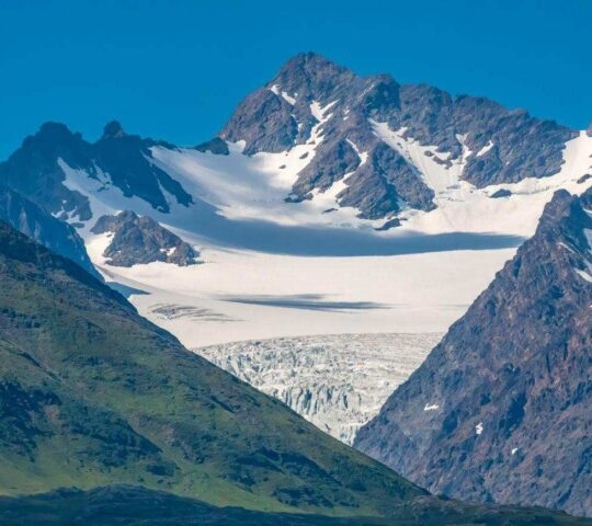 View of the glaciers of the Lyngen Alps (Lyngsalpene) mountain range, near Tromsø, Troms of Finnmark, Norway