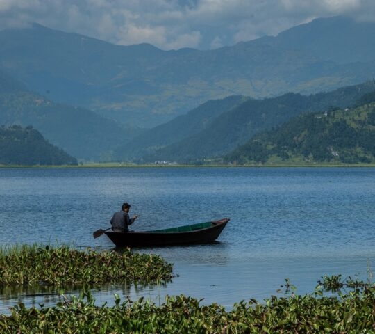 Boats on Phewa lake with people rowing at sunset hours, Pokhara lake side, Nepal.
