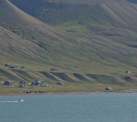 A coastal village with houses nestled at the base of large, rolling hills and a boat speeding on the water.