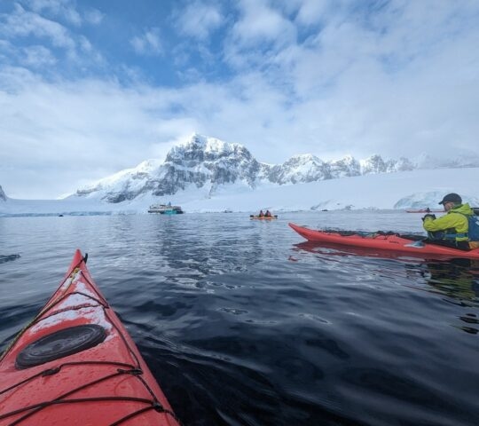 Kayakers on a calm sea with snowy mountains and a ship in the background.
