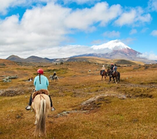 Riders on horses with a snowy mountain peak in the distance under a partly cloudy sky.