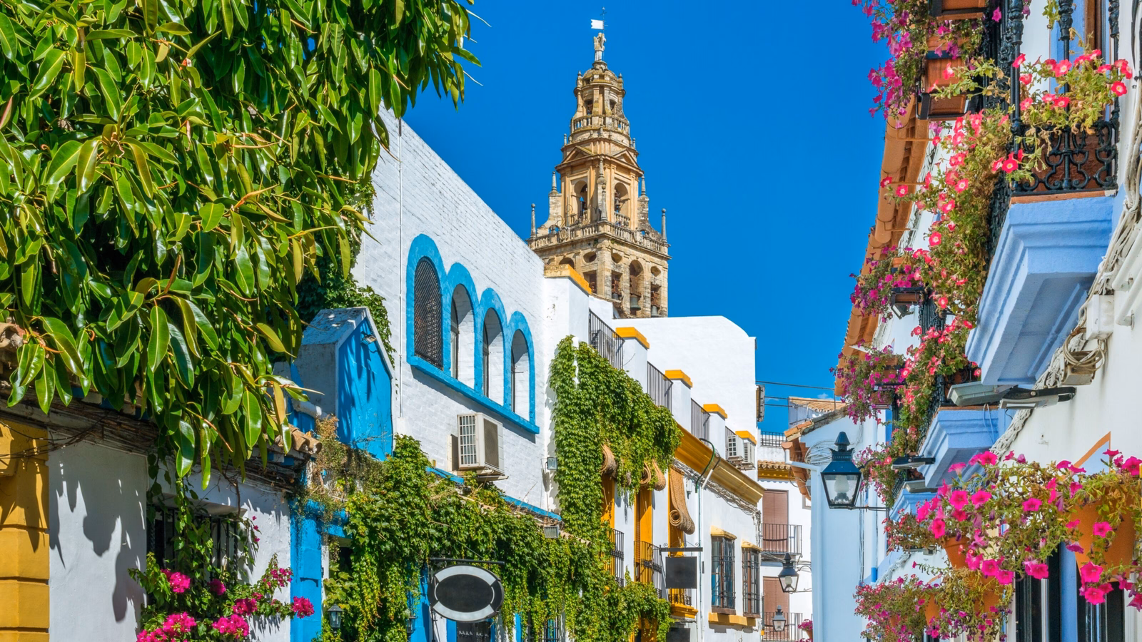 Picturesque street with white buildings, blue accents, and flowering balconies under a clear sky.