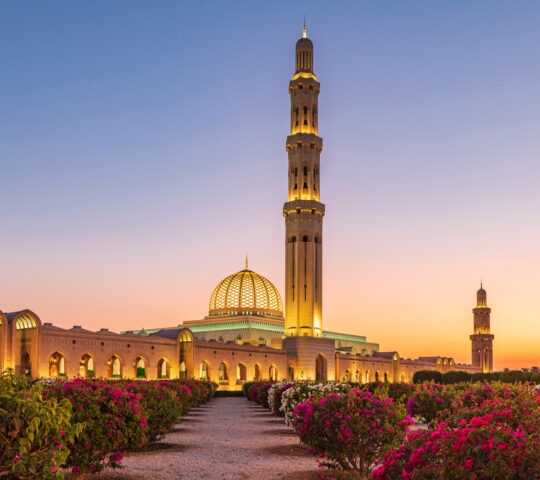 Sunset view of the Sultan Qaboos Grand Mosque in Bawshar, Muscat.