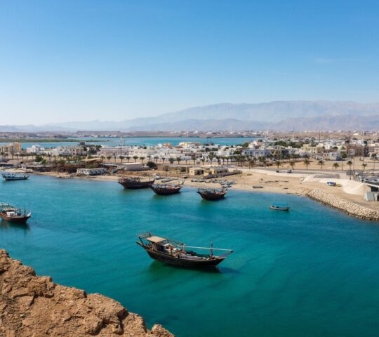Traditional dhows sailing along the Oman coastline