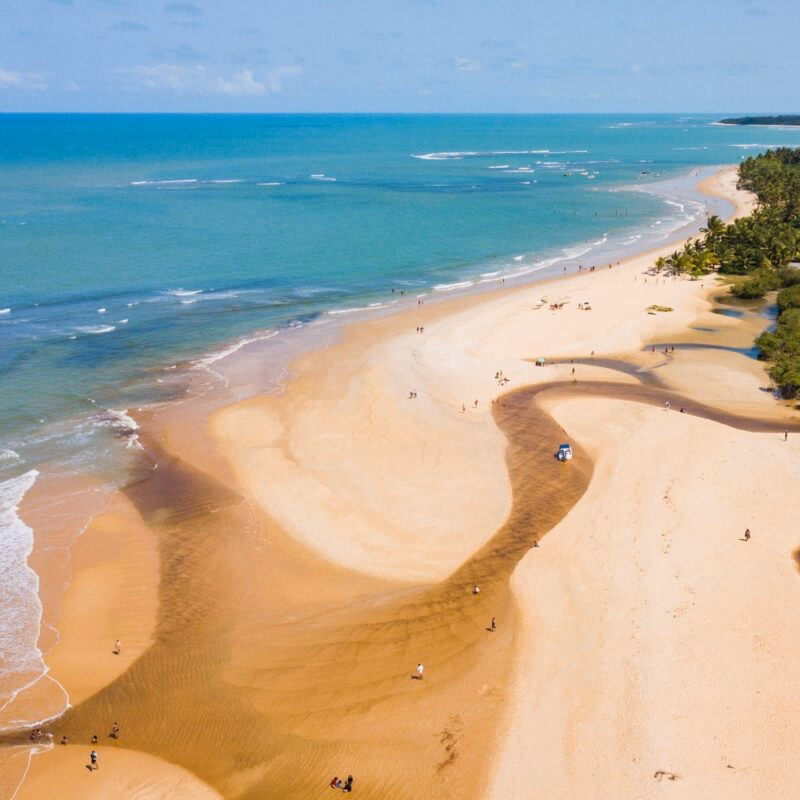 Trancoso, Porto Seguro, Bahia. Aerial view of Praia dos Nativos and Praia dos Coqueiros