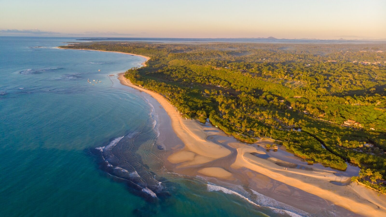 Aerial view of a sunlit coastline with beach, sea, and dense greenery.