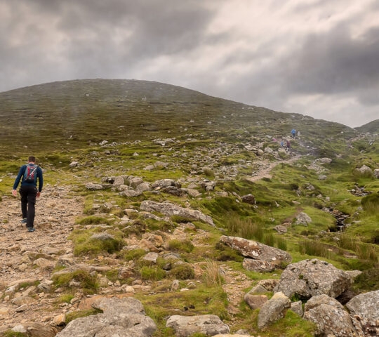 Foot path to the top of Croagh Patrick and one tourist. Low clouds over mountains peak, travel and explore Ireland concept