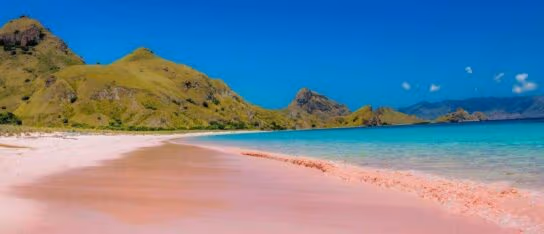 Beach with pink sand, clear turquoise water, and green hills under a blue sky.