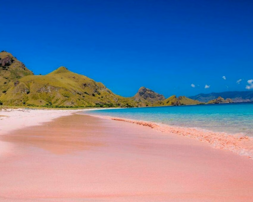 Beach with pink sand, clear turquoise water, and green hills under a blue sky.